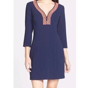 Lilly Pulitzer BENNETT Shift True Navy Blue Coral Beads Jewel Dress 6 3/4 sleeve